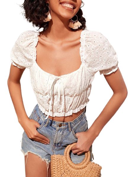 

tie front puff sleeve frill trim schiffy blouse u74d#, White