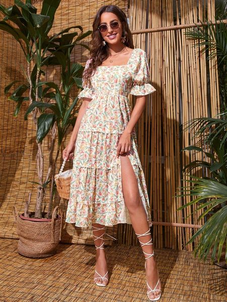 

floral print flounce sleeve split thigh dress 891w#, Black;gray