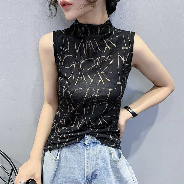 

autumn new fashion printed letters sleeveless half high neck t-shirt women's slim white vests tank for women
