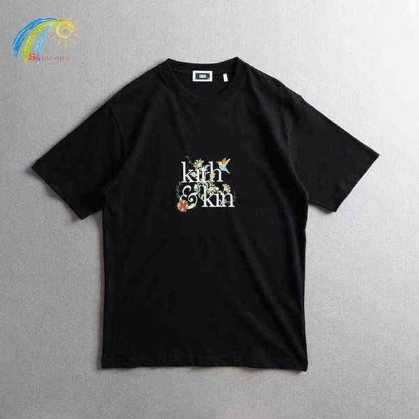

2022ss flowers bird printig kith t shirt men women vintage casual t-shirt tee inside tags, White;black