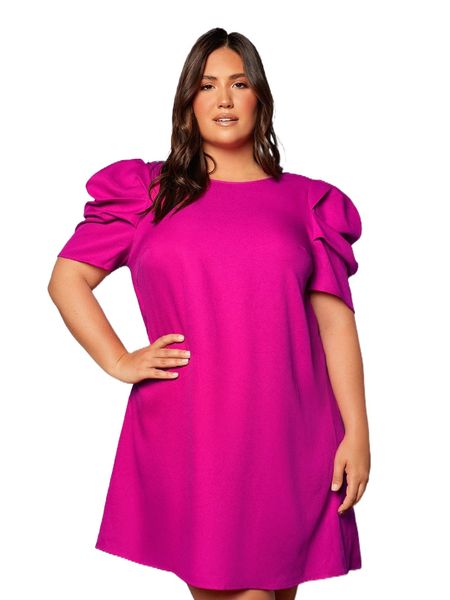 

plus puff sleeve solid backless dress r2it#, Black