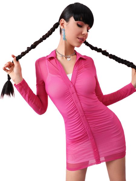 

collared button detail mesh overlay dress w3j8#, Black;gray