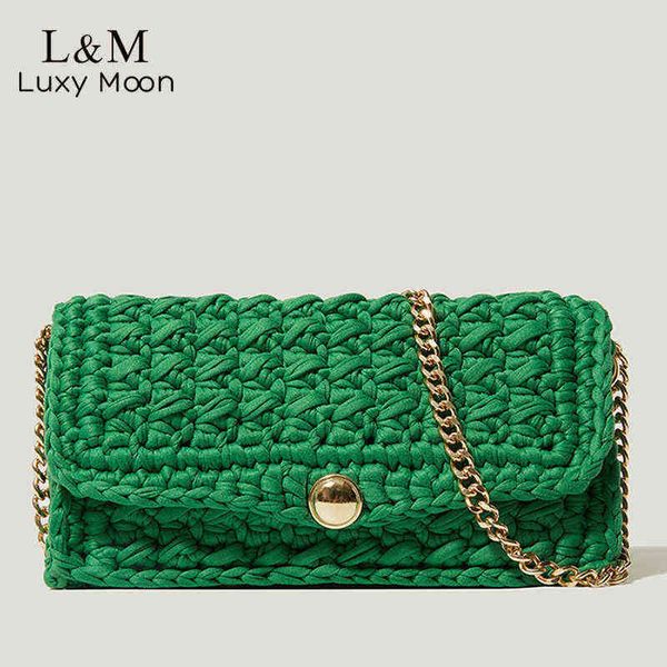 

women's hand-woven bag for women strip thread hook knitted shoulder small flap handbag woolen chain crossbody x872h 220526