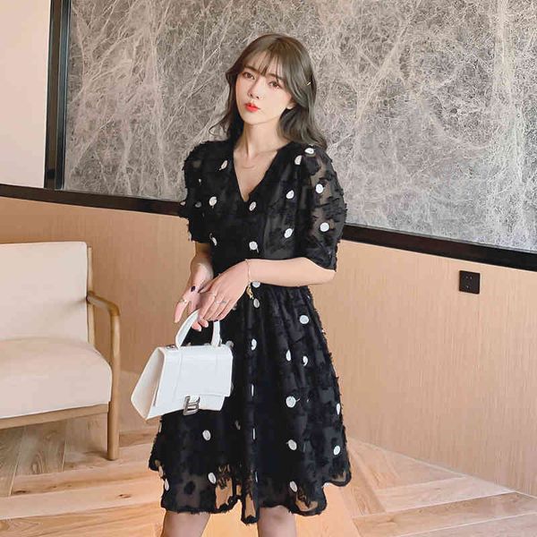 

qoerlin polka dot vneck dress female retro french style aline black dress ladies streetwear elegant girly vestidos 210412, Black;gray