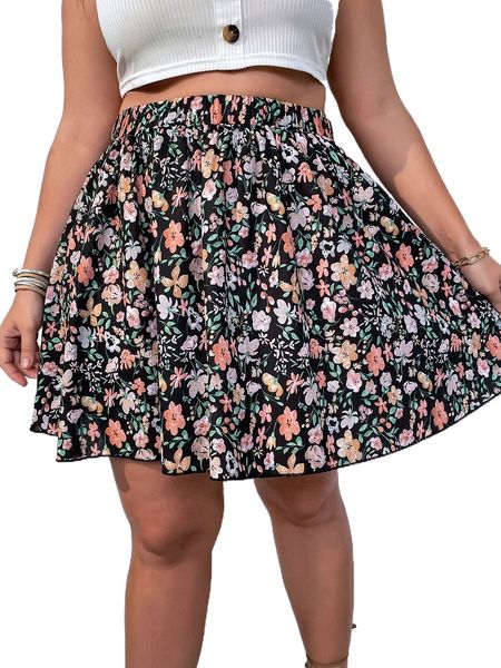 

plus floral print flare skirt v17w#, Black