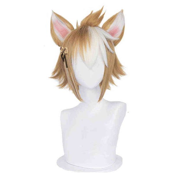 

gorou cosplay wig game genshin impact gorou short brown white wig with ears synthetic hair heat resistant halloween role play y220512, Black