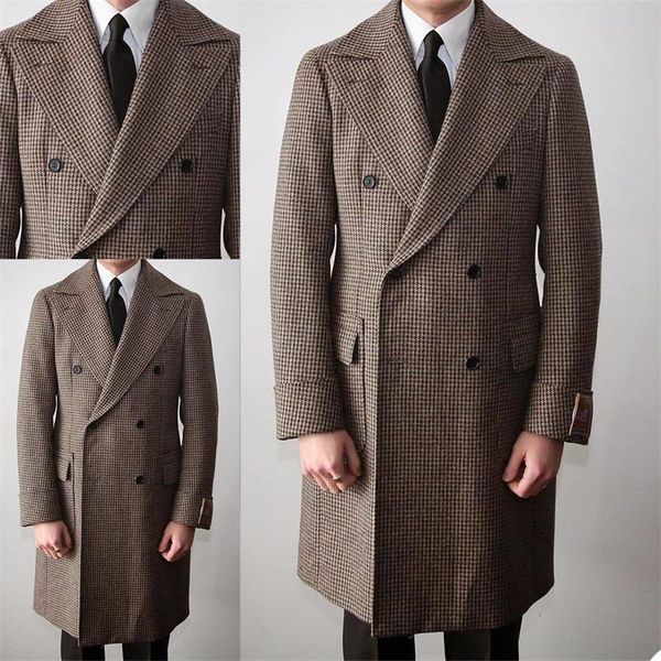 Palavras-chave masculinas estilo fatos de fatos de estilo britânico houndstooth alfaiate casaco de lã de lã dupla smoking peaked lapel blazer longo sobrevoa