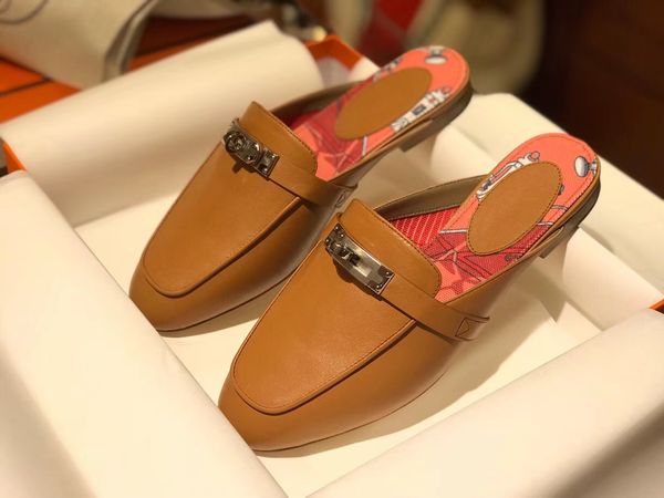 

super quality designer sandal slippers genuine leather oz mules woman sandals princetown kelly metal chain shoe women loafers outdoor lady s, Black