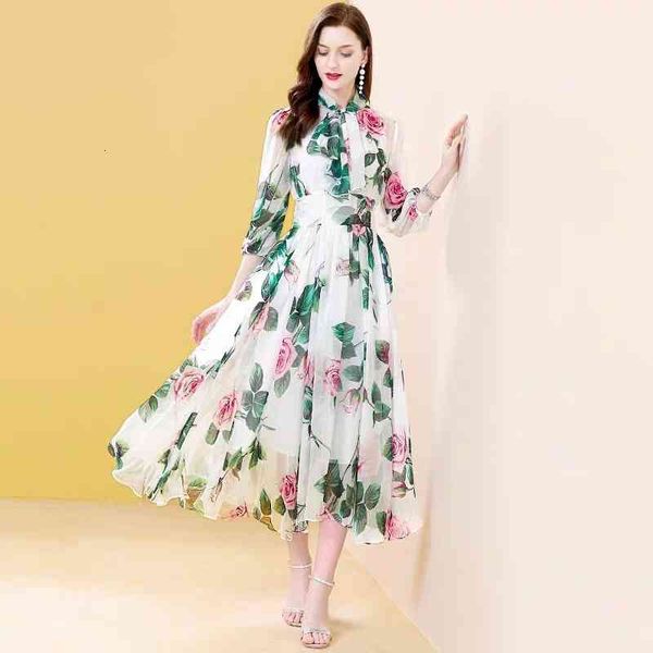 

casual dresses refreshing aging white high waist skirt children's summer 2022 ribbon collar rose printed chiffon dress 1pxb, Black;gray