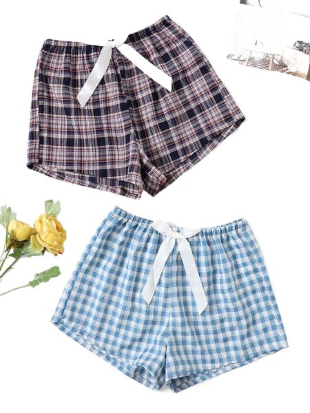 

2pcs plaid knot detail sleep shorts 18yy#, Black;red