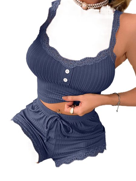 

contrast lace button front crop cami & shorts pj set g2yv#, Black;red