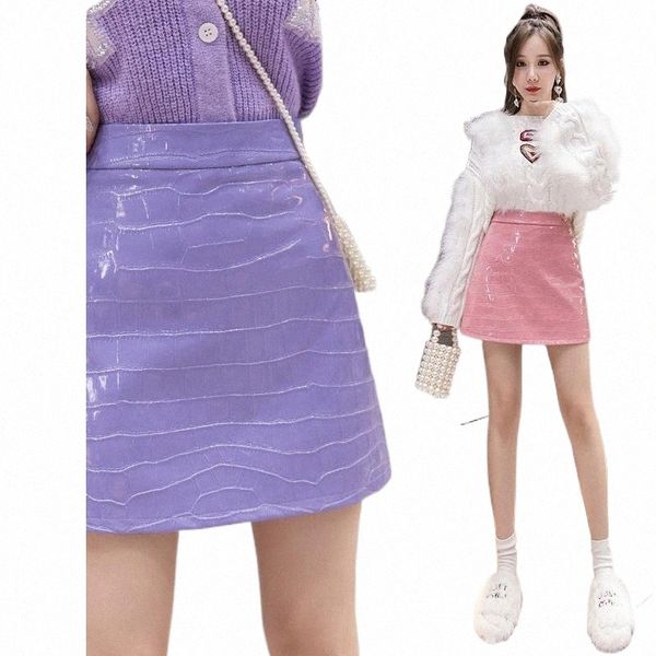 

skirts leather skirt autumn style human peach water pink sweet crocodile embossed pu girl c6oe#, Black
