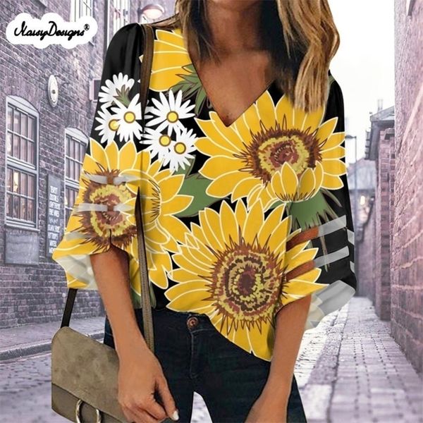 

2xl plus size women tunic shirt summer long sleeve sun flowers print vneck blouses button women clothing dropship y200828, White