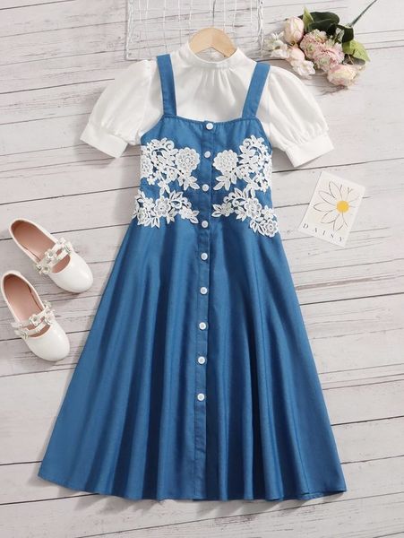 

girls guipure lace detail slip dress with puff sleeve she, White