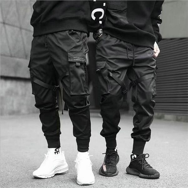 

ribbons harem joggers men cargo streetwear hip hop casual pockets cotton track pants male harajuku fashion trousers 220705, Black