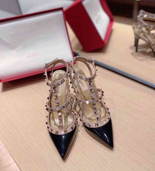 

slippers high version quasi cabinet goods v family high heels women's two ring z leather pointed end patent thin heel rivet shoes singl, Black