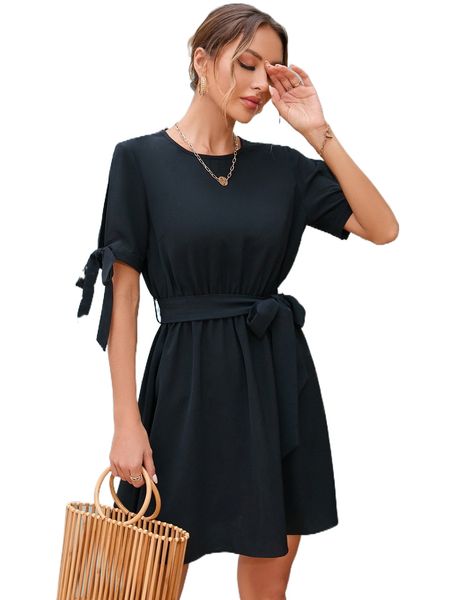 

solid knot cuff belted dress t0vv#, Black;gray