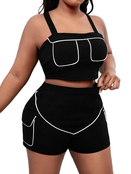 

plus contrast piping cami & flap pocket cargo shorts w1ow#, Black