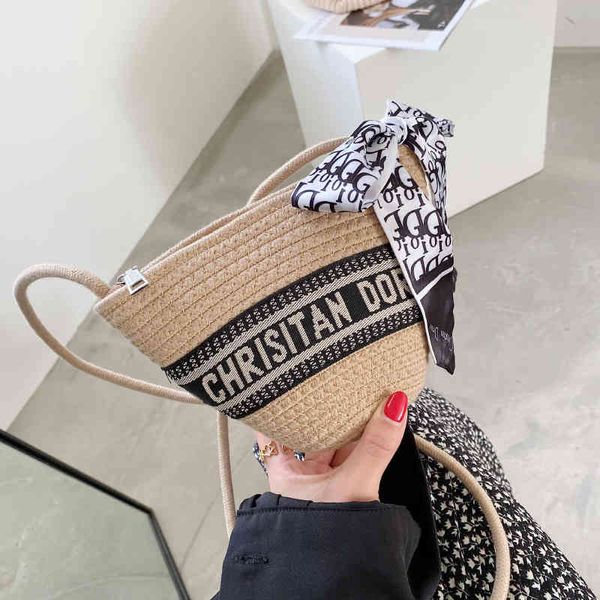 

straw woven hemp rope bag simple letter design silk scarf vegetable basket single shoulder messenger women's bag summer beach vacation