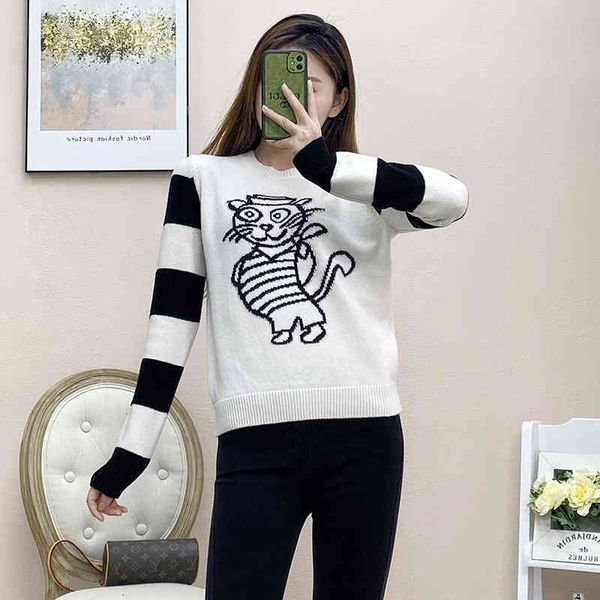 

women's sweaters cashmere soft waxy hand hat tiger sweater round neck stripe cartoon animal coat female knitted 2s8u, White;black