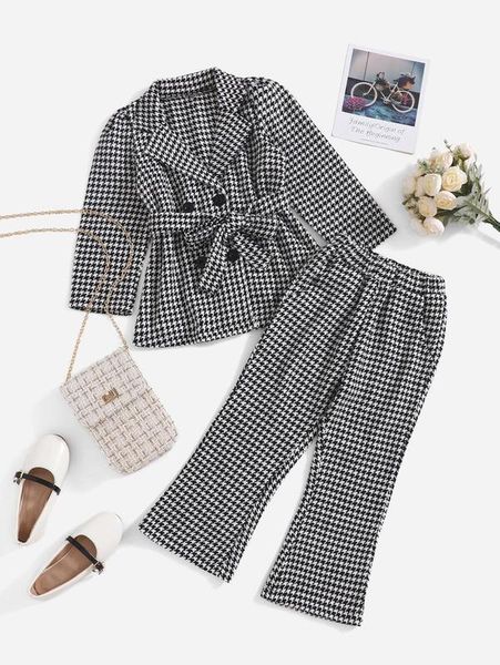

toddler girls houndstooth belted overcoat & flare leg pants she, White