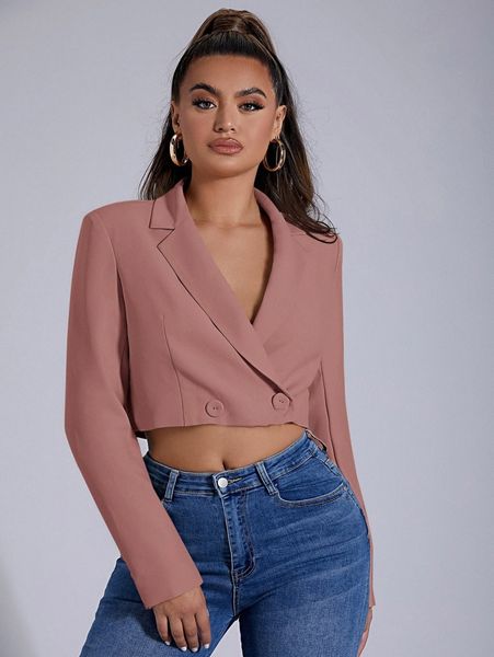 

solid lapel neck crop blazer e1ja#, White