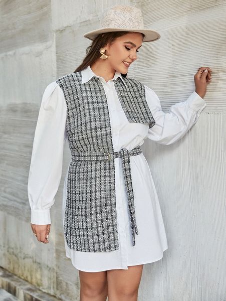 

simplee plus plaid print belted shirt dress u9el#, Black