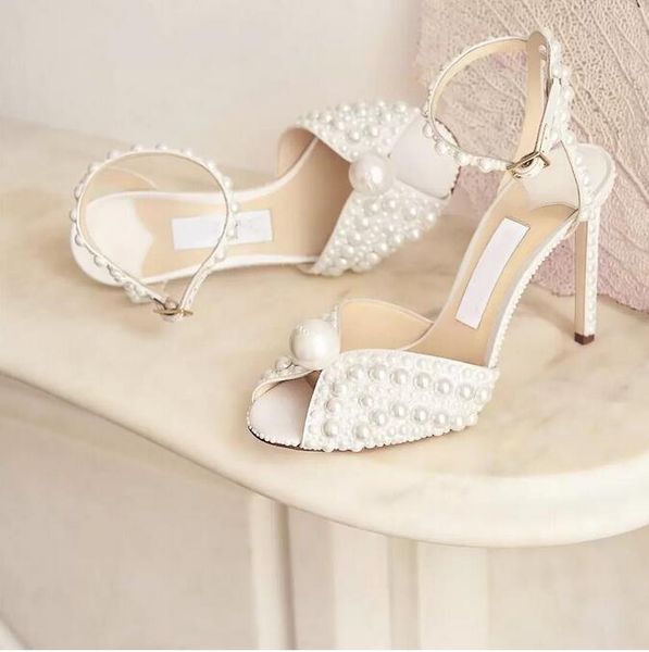 Frauen Hochzeitskleid Braut Schuhe Weiß Satin Plateau Sandalen mit Perlen Mode Sandale High Heel Plateauschuhe Chunky Heels 35-42