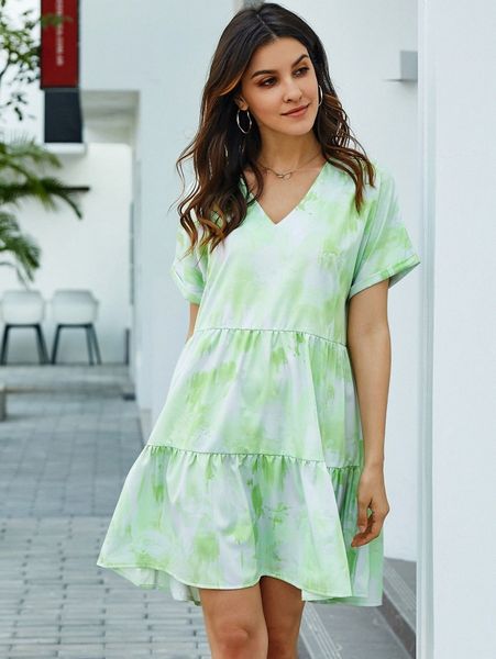 

kate kasin batwing sleeve tie dye smock dress g4ts#, Black;gray