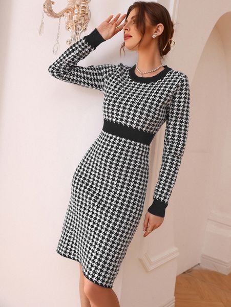 

houndstooth pattern sweater dress q6lr#, White;black
