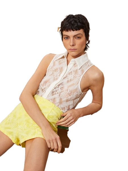 

sleeveless button front lace blouse b9wh#, White