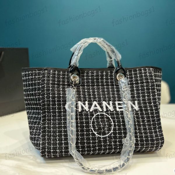 

france womens vintage check casual style tweed beach shopping bags deauville silver metal hardware chain totes large capacity embroidery let