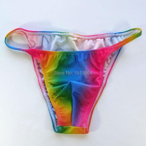 Mutande da uomo String Bikini Stripe Jersy Nylon Spandex G3774 Vita stretta Arcobaleno Colori Costume da bagno Tessuto245K