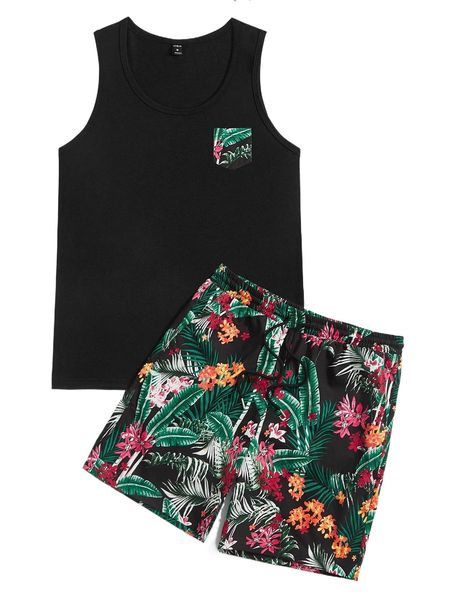 

men pocket patched tank & tropical print drawstring waist shorts f7kl#, Gray