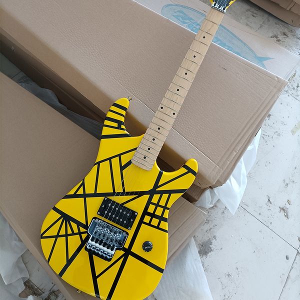 

6 strings yellow striped electric guitar with tremolo maple fretboard