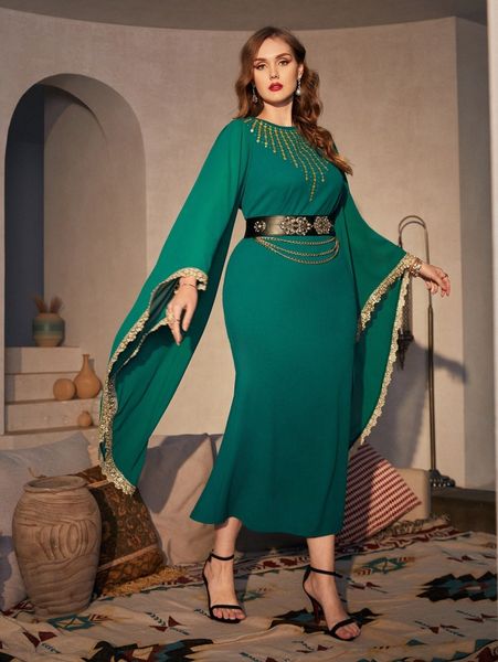 

plus lace trim exaggerated sleeve polka dot yoke dress without belt m4at#, Black