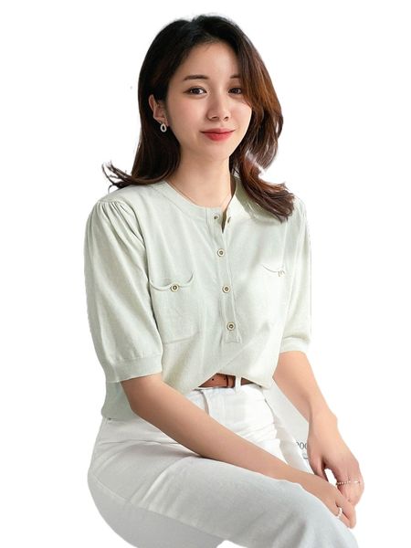 

dazy button front puff sleeve knit t29d#, White;black