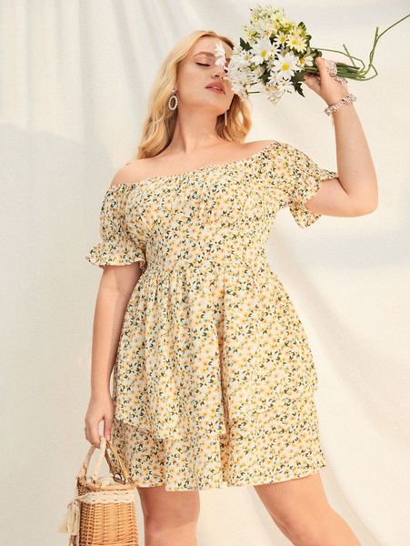 

plus ditsy floral off shoulder dress j7re#, Black