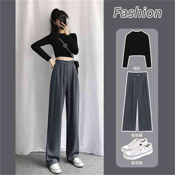 

women's pants capris grey wide legged pants women's high waist thin and drooping spring summer loose straight tube lazy casual sui, Black;white