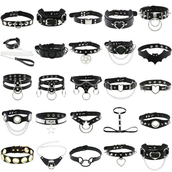 Girocolli Goth Donna Girocollo Catene Collane Sexy Rivetto Nero Punk Schiavo Pelle PU Catena in acciaio inossidabile Bondage Collare Gioielli gotici