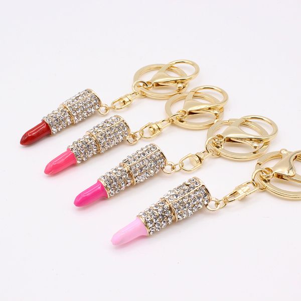 

crystal lipstick keyrings rhinestone for woman jewelry women charm car gold pendant keychain 4 colors, Red;brown