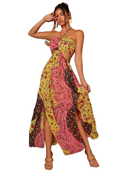 

floral print tie backless -slit hem halter dress 79ih#, Black;gray