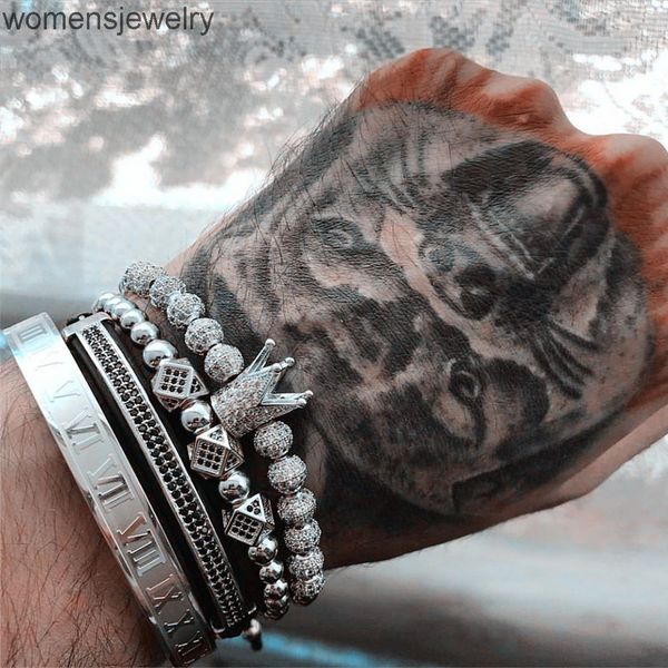 

4pcs roman numeral bracelets steel couple bangle crown bracelets for women men love jewelry valentine's day gift, Golden;silver