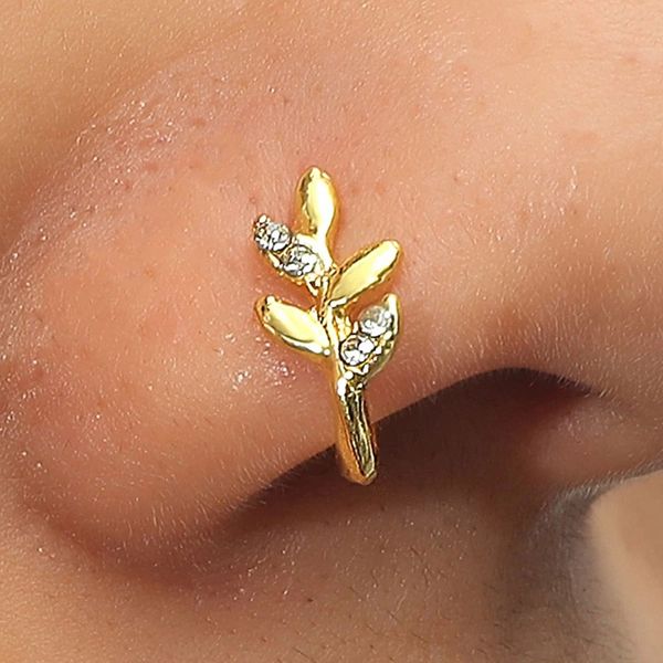 

perforation-nose ring copper plating 18k gold micro inlaid zircon nasal splint nose sleeve europe and america cross border ornament leaves, Silver