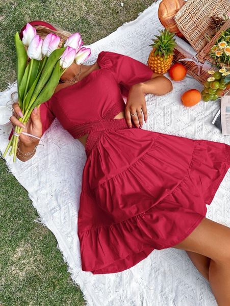 

cut out shirred ruffle hem dress k9ho#, Black;gray