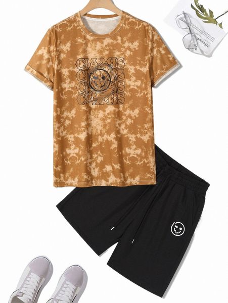 

men tie dye letter & expression print tee & drawstring waist shorts j9k8#, Gray