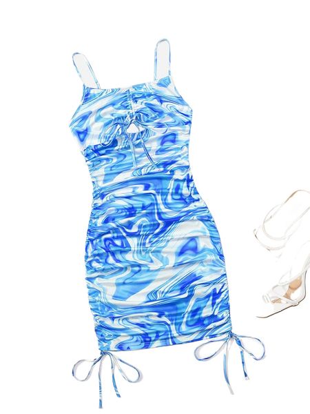 

marble print drawstring hem cami dress e8hr#, Black;gray