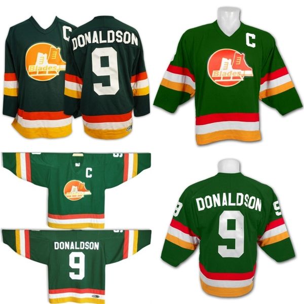 Mitness 9 barclay donaldson broomcounty lâminas slapshot filme jerseys de hóquei com capitão c remendo camisa green homens mulheres juventude dupla costurada