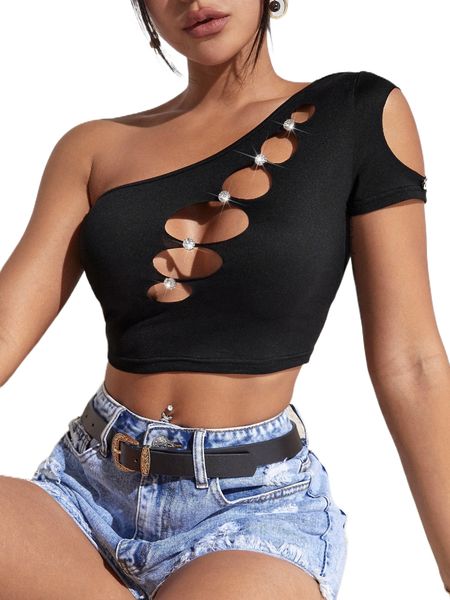 

one shoulder rhinestone cut out crop f0xc#, White