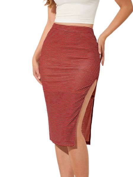 

wavy l.ine p.rint s.plit t.high s.kirt bodycon s.kirt a3pw#, Black